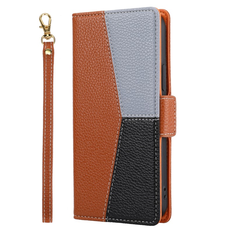 Color-blocked Phone Leather Case with Card Slot, Flip Cover, and Protective Hand Strap